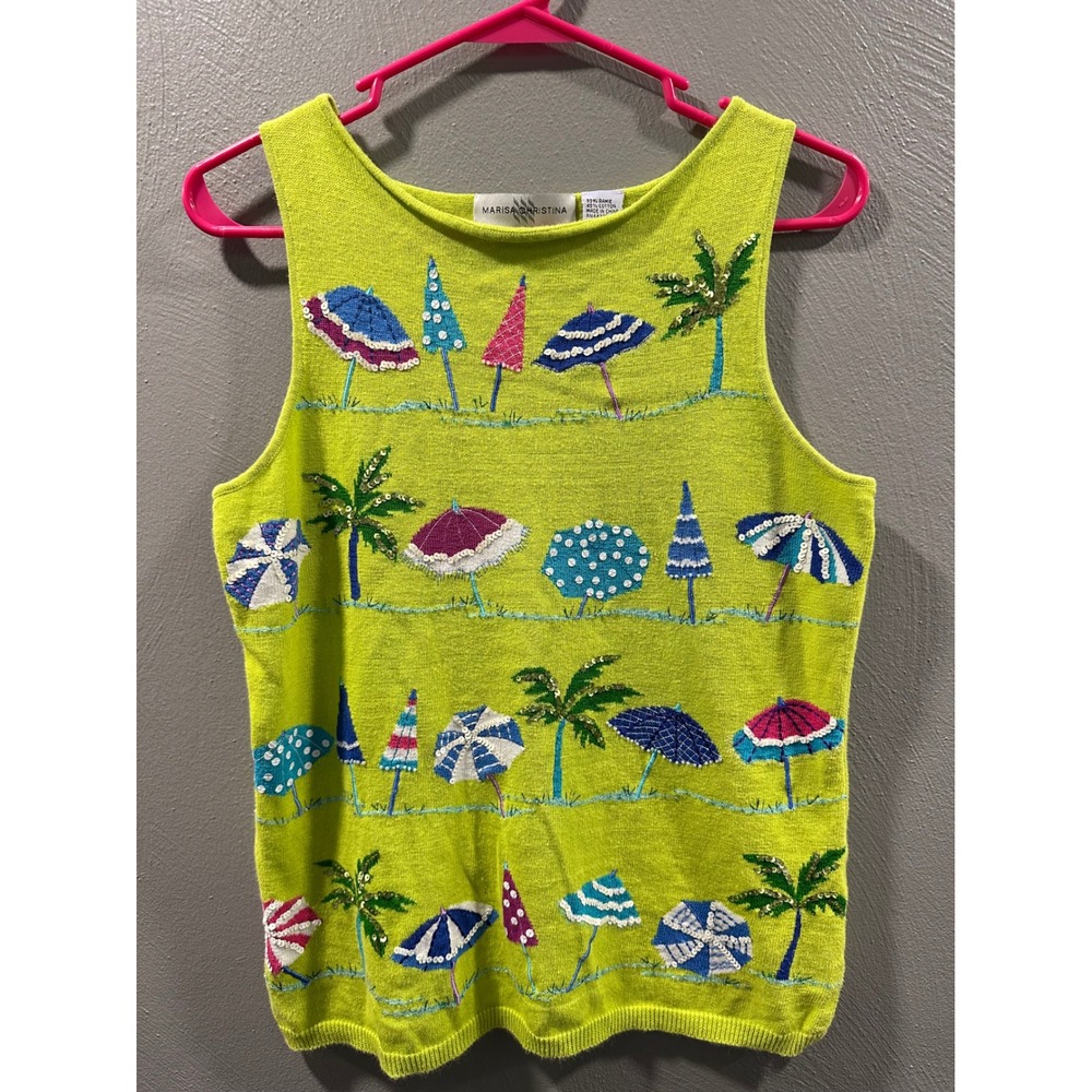 Marisa Christina Lime Green Beach Umbrella Palm Tree Sequin Knit Tank Top Small
